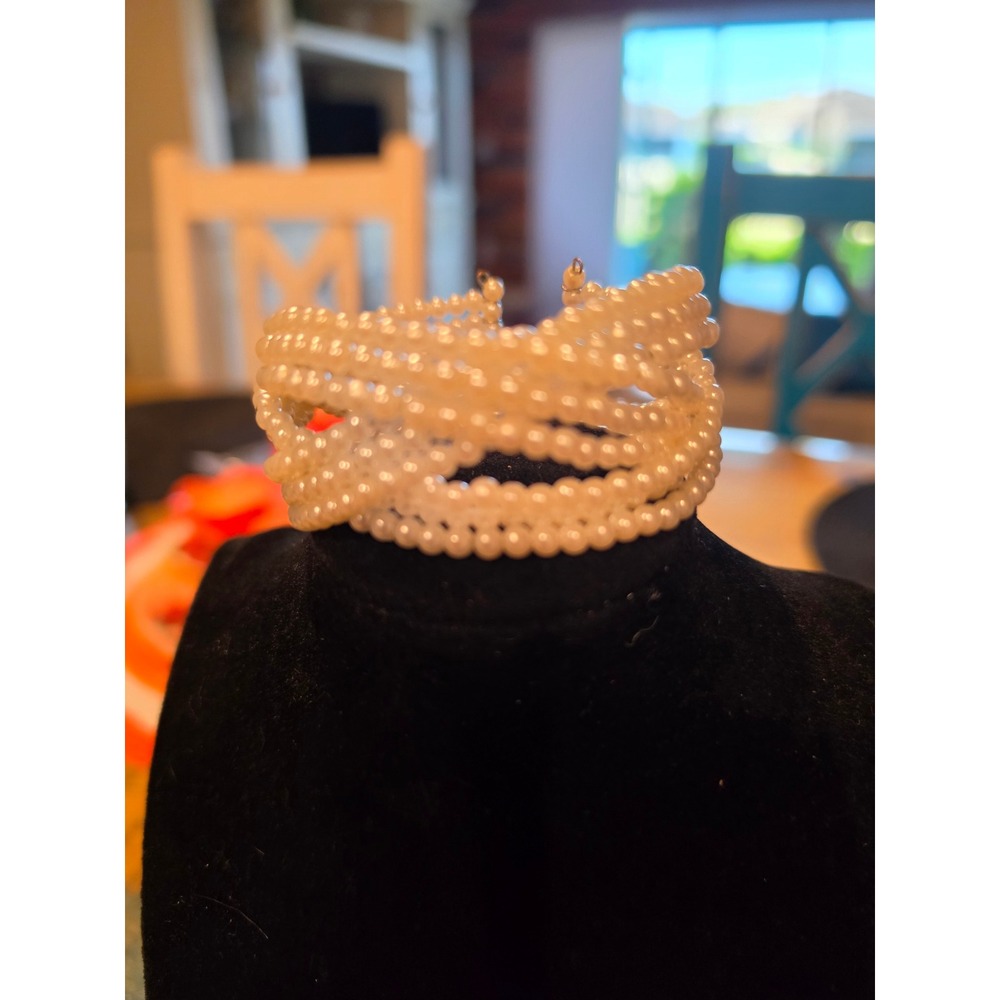 White Faux Pearl Multi Strand Cuff Bracelet Crisscross Wrap Statement Jewelry